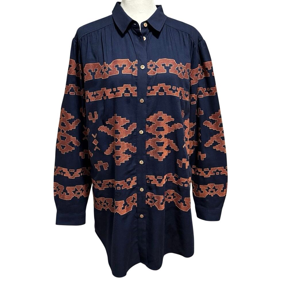 Overland Size M Maya Cotton Blend Shirt Style 34223 Aztec Southwest Embroidered - Picture 2 of 4